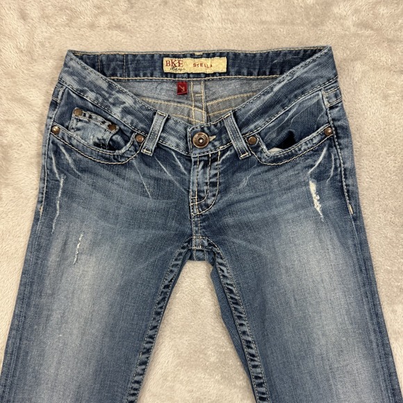 BKE Jeans Womens 26S Stella Blue Slim Bootcut Stretch Whiskered Distressed Y2K - Picture 6 of 16